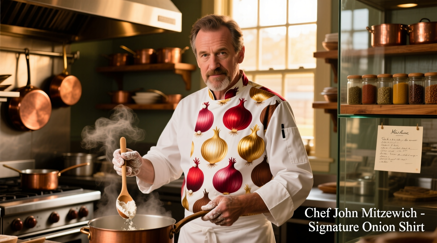 Chef John Mitzewich wearing his signature onion shirt