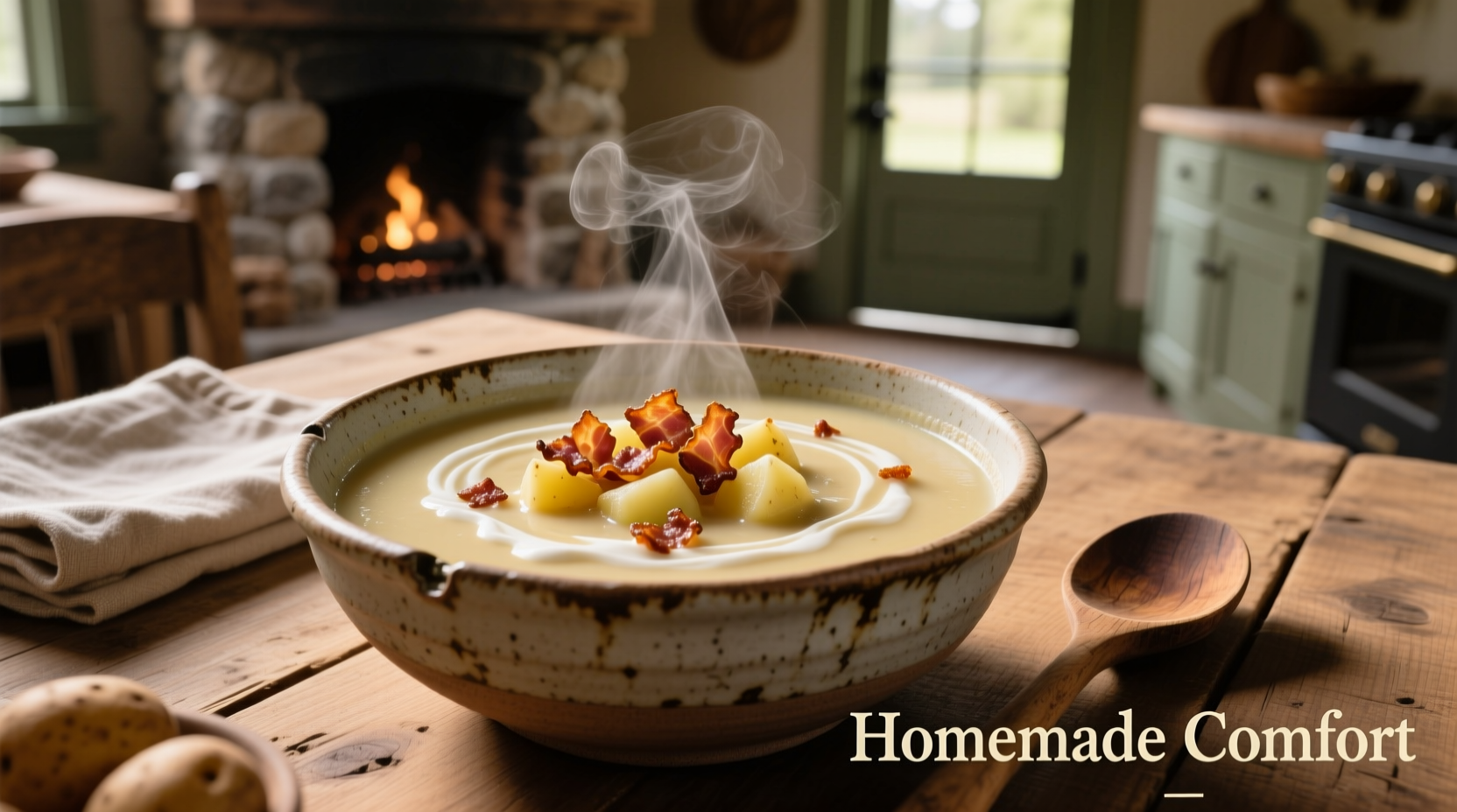 Creamy potato soup with bacon topping in rustic bowl