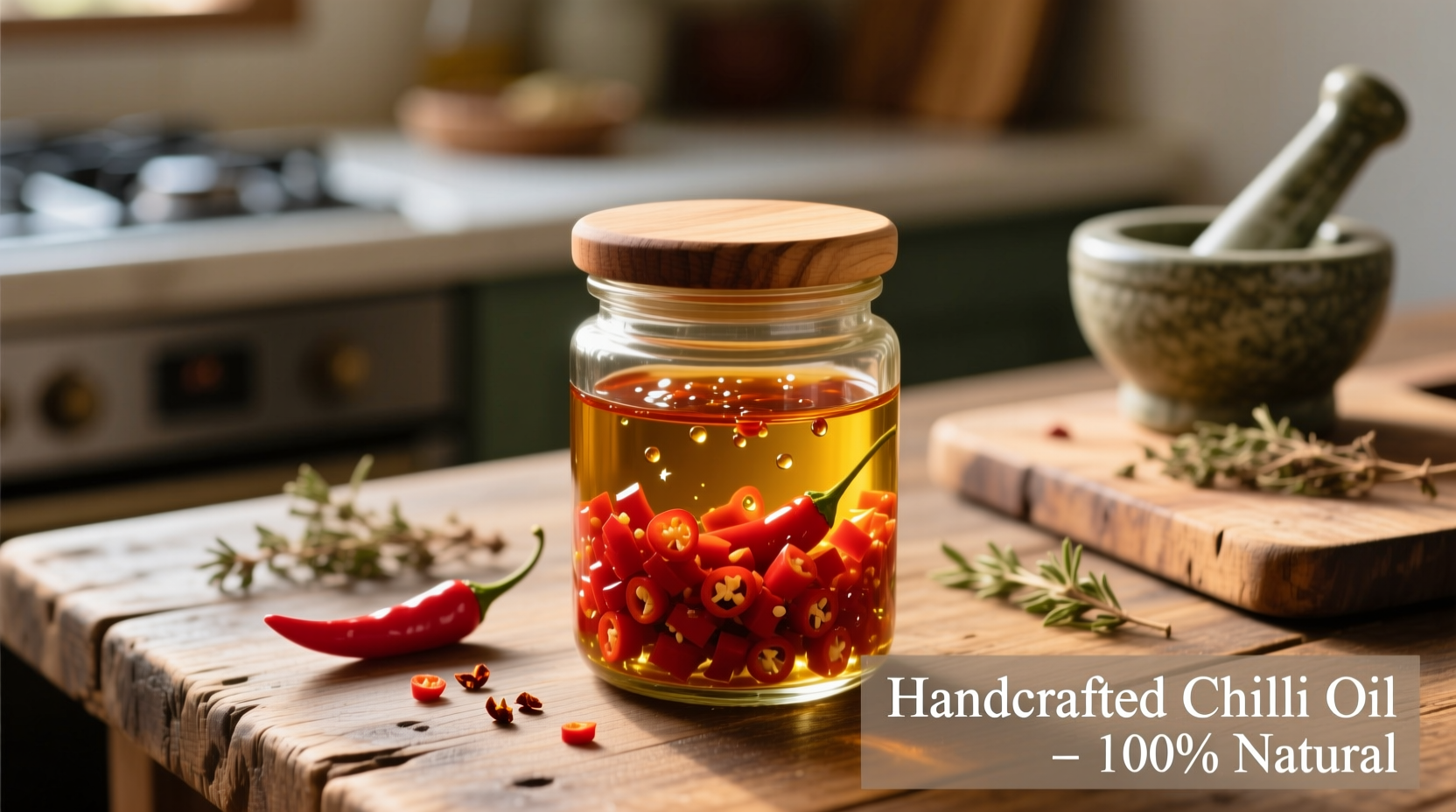 Homemade chilli oil in glass jar with fresh chilies