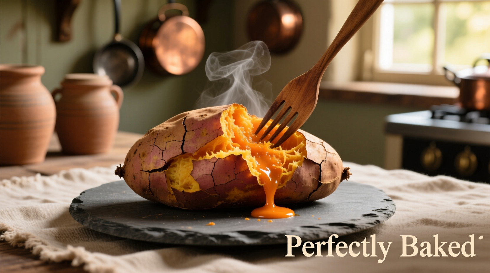 Perfectly baked sweet potato with fork