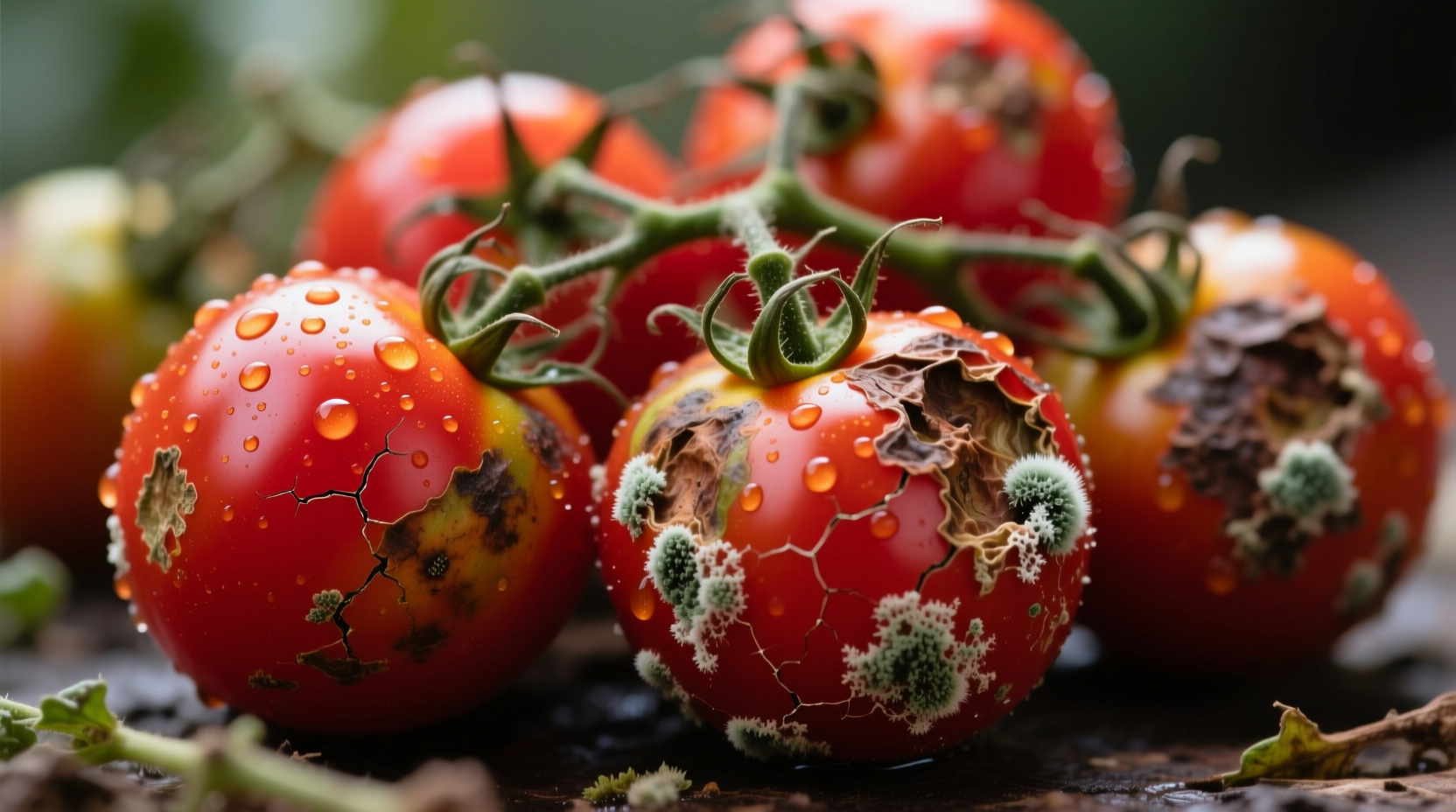 Close-up of tomatoes showing various stages of ripeness and spoilage