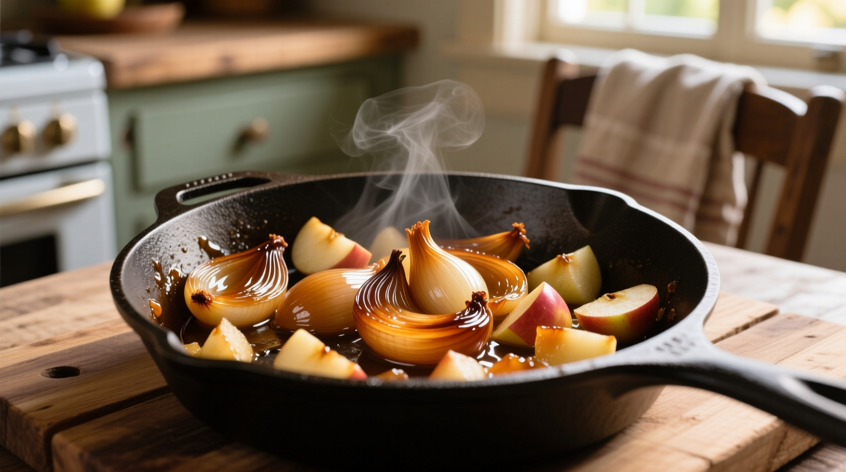 Caramelized onions and diced apples in cast iron skillet