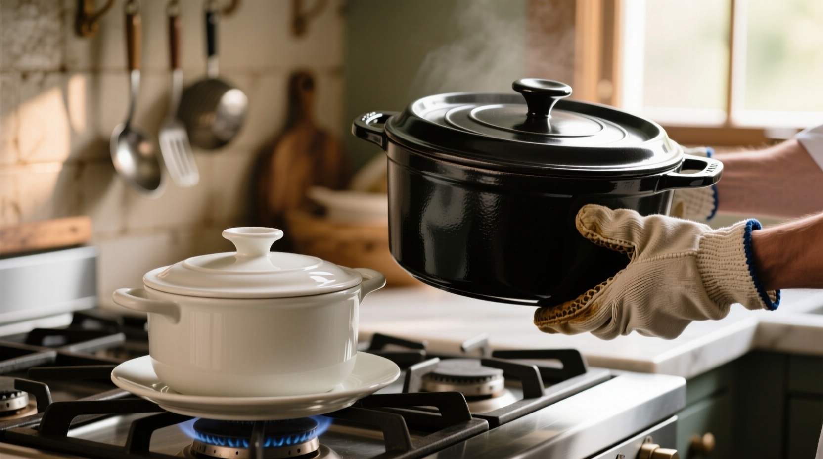 Side-by-side comparison: a slender white ceramic soup pot resting comfortably on a stovetop next to a large enameled cast iron Dutch oven partially lifted by a cook’s gloved hand—visualizing weight disparity and ergonomic ease