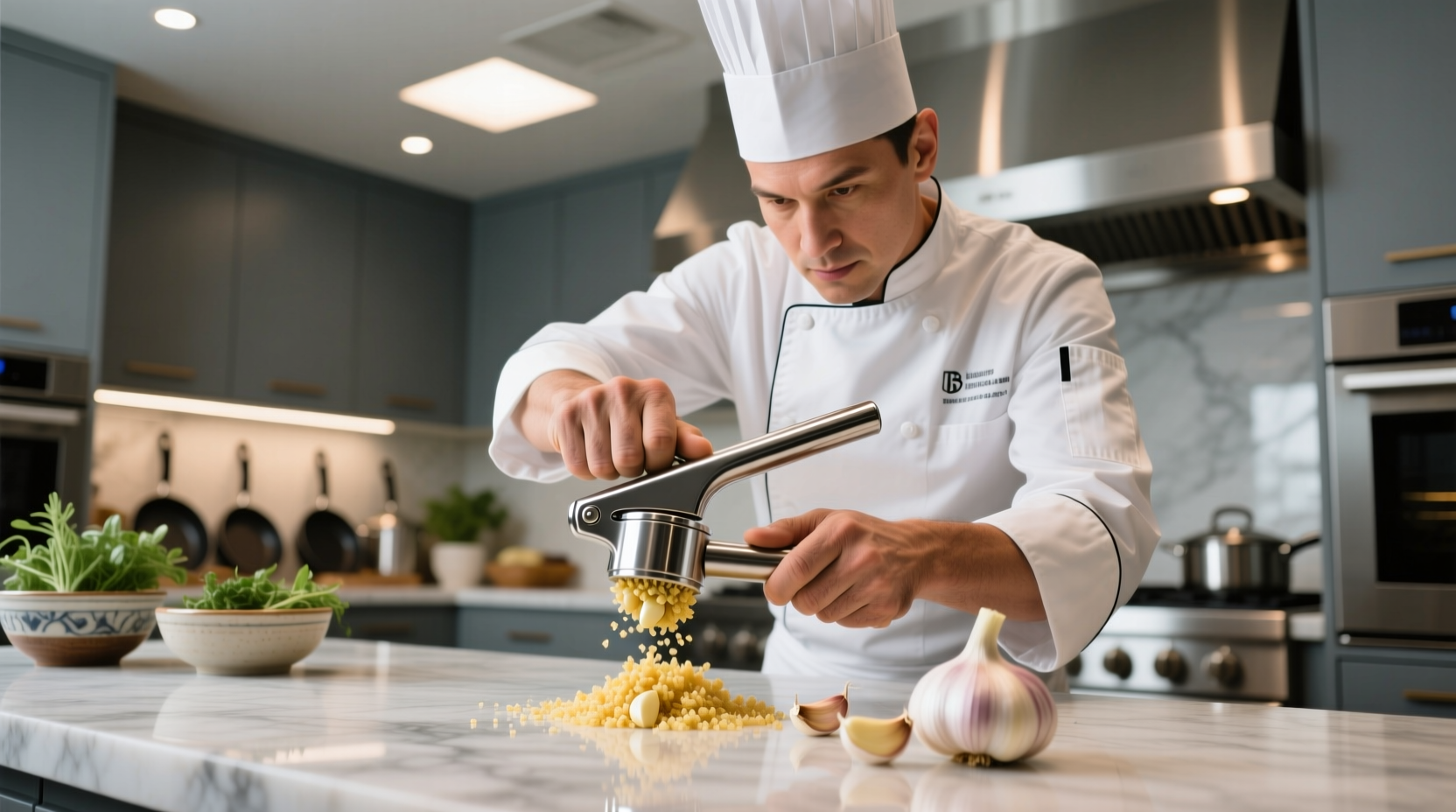 Professional chef using stainless steel garlic press