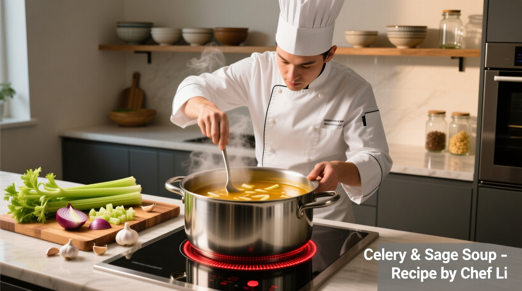 Chef preparing celery soup in stainless steel pot