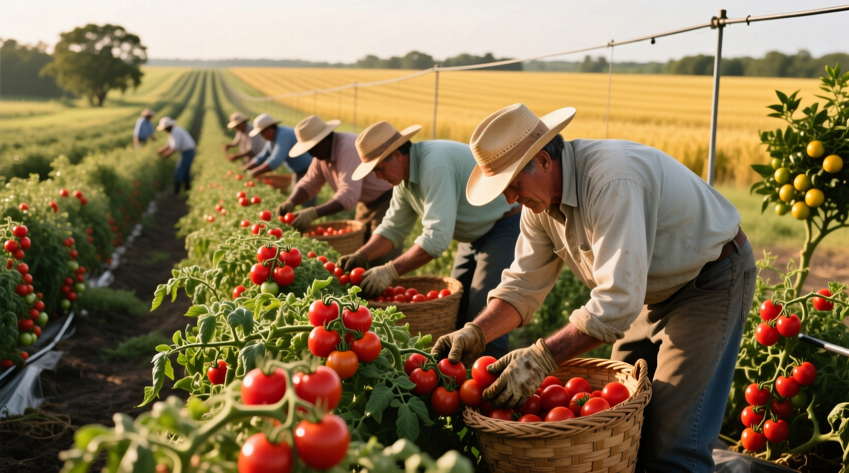 Tomato harvest in Florida field with workers
