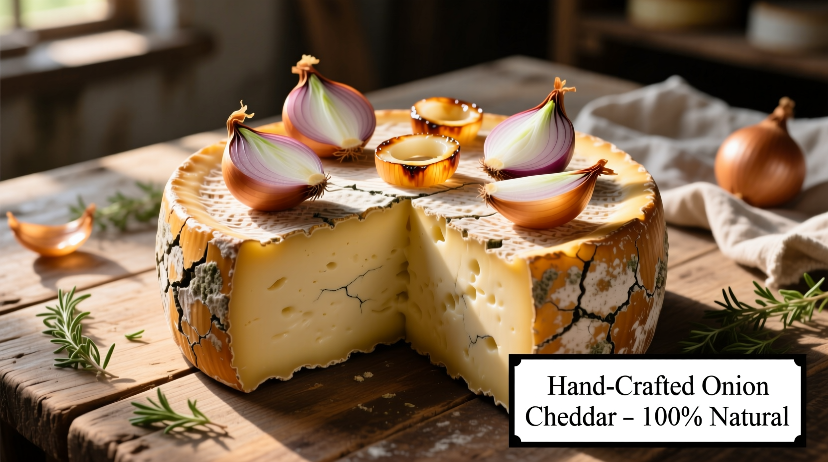 Artisan cheese wheel with visible onion pieces