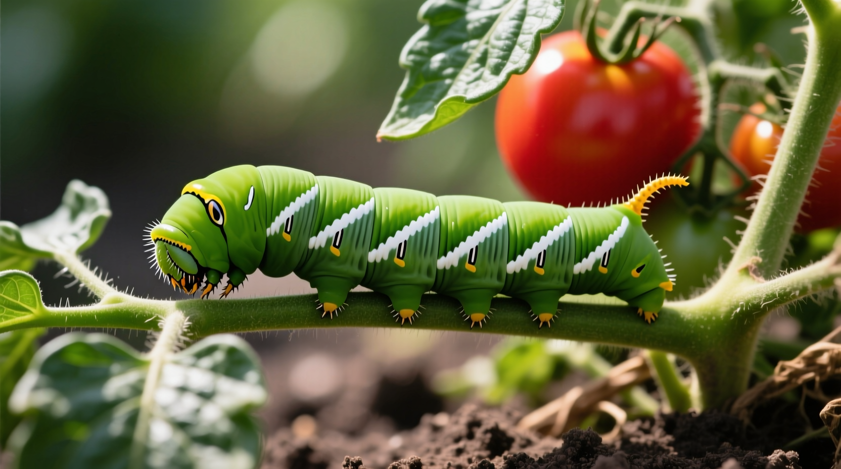 Tomato hornworm on tomato plant with white stripes