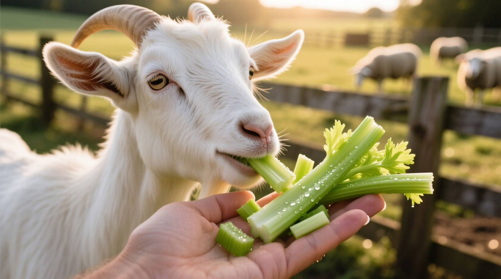 Goat safely eating chopped celery pieces from hand