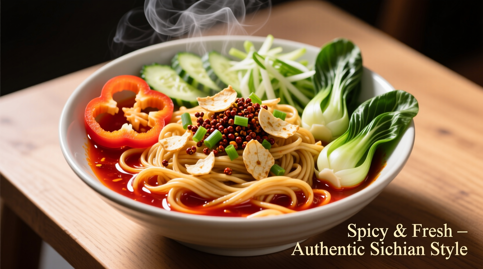 Vibrant garlic chili noodle bowl with fresh vegetables