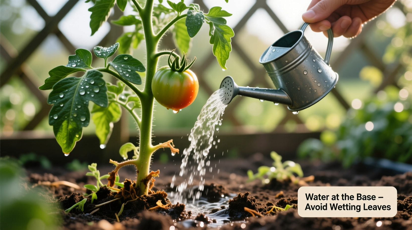 Tomato plant with proper watering technique demonstration