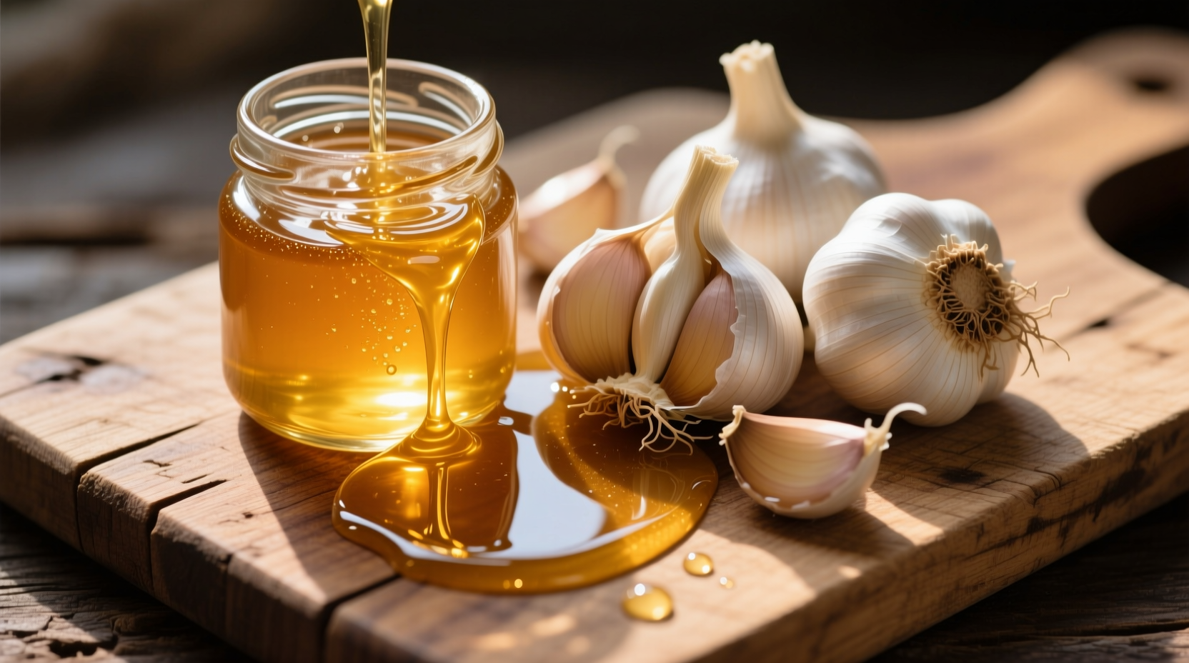 Raw honey and fresh garlic cloves on wooden cutting board