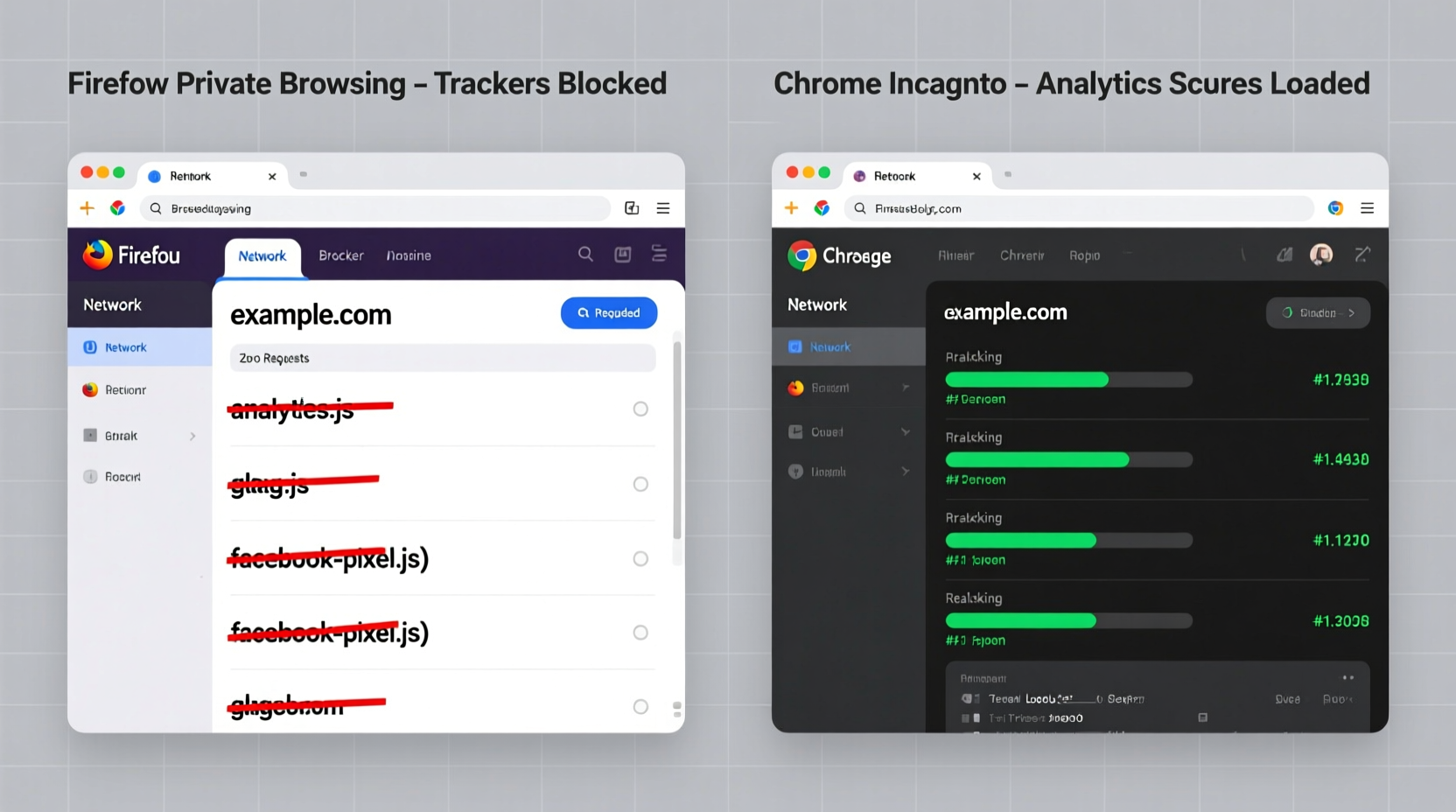 Side-by-side comparison showing Firefox Private Browsing blocking tracker domains in Network tab while Chrome Incognito loads analytics.js, gtag.js, and facebook-pixel.js during page load