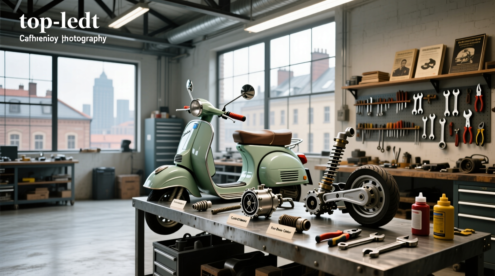 Vespa spare parts laid out on a workshop bench