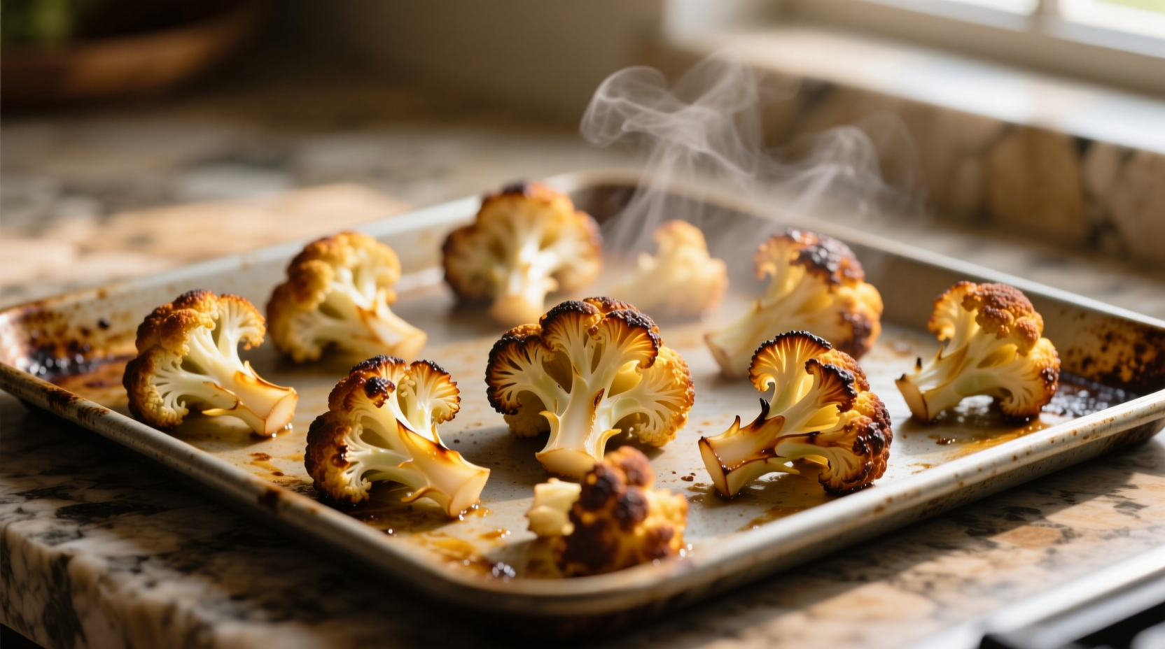 Perfectly roasted golden brown cauliflower florets on baking sheet