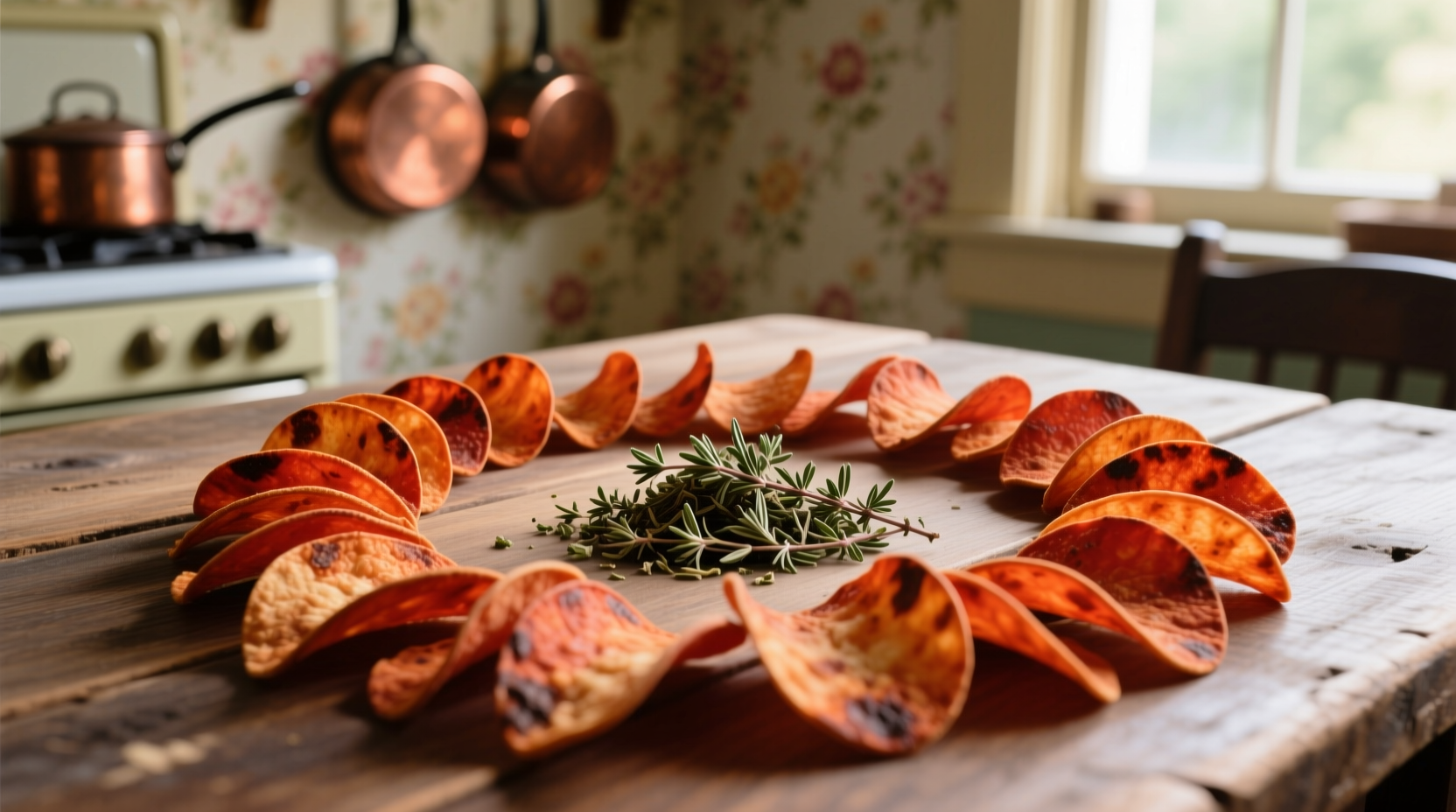 Homemade tomato chips arranged in circular pattern
