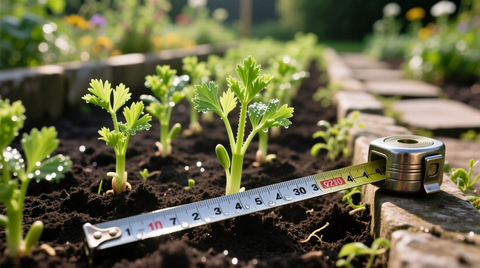 Celery seedlings in garden bed with measuring tape