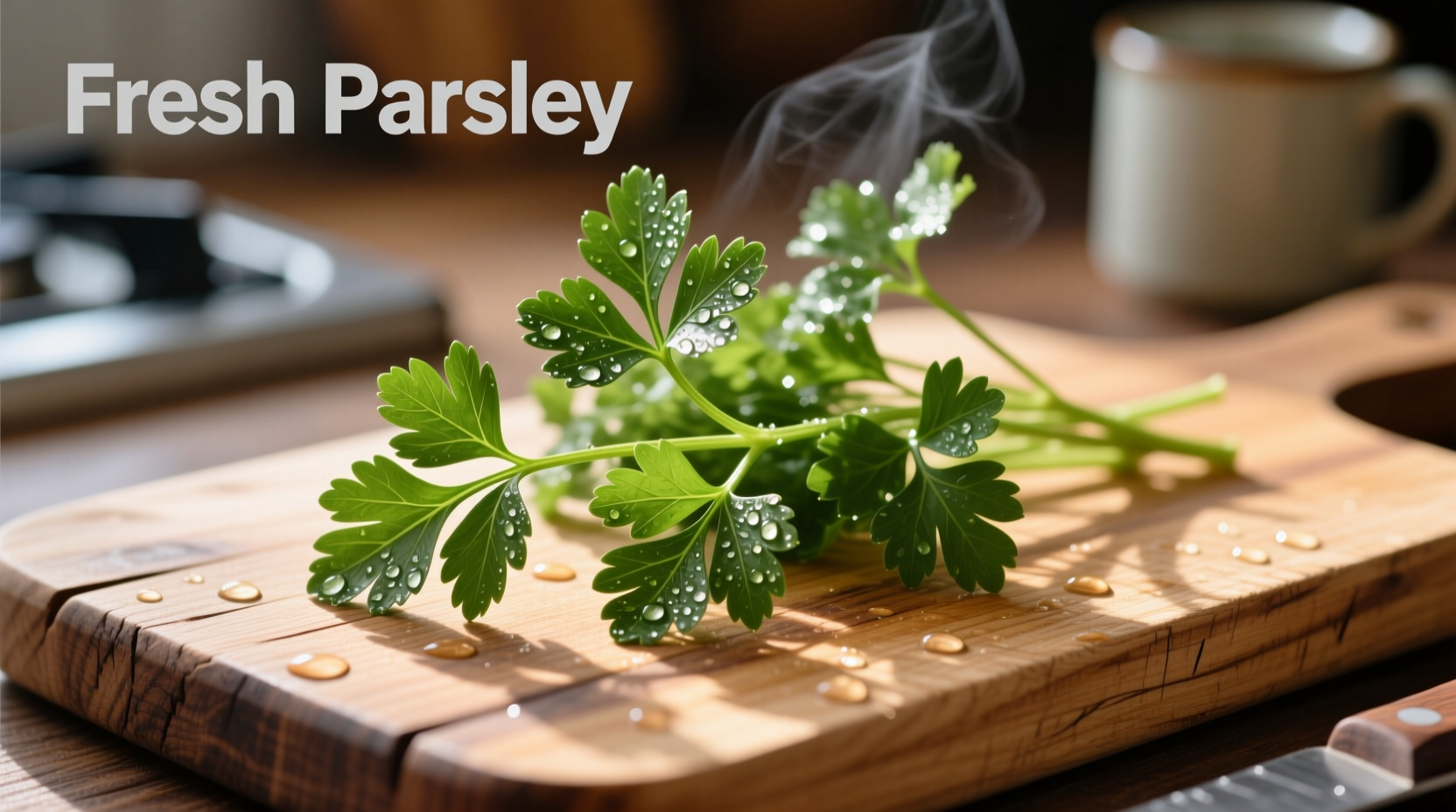 Fresh flat leaf parsley on wooden cutting board