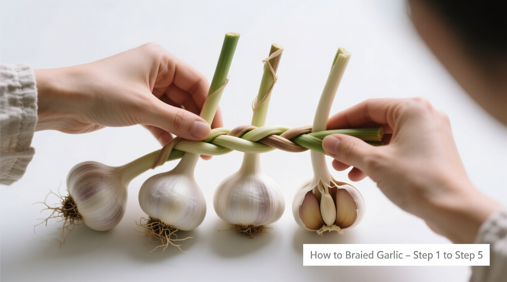 Step-by-step garlic braiding technique demonstration