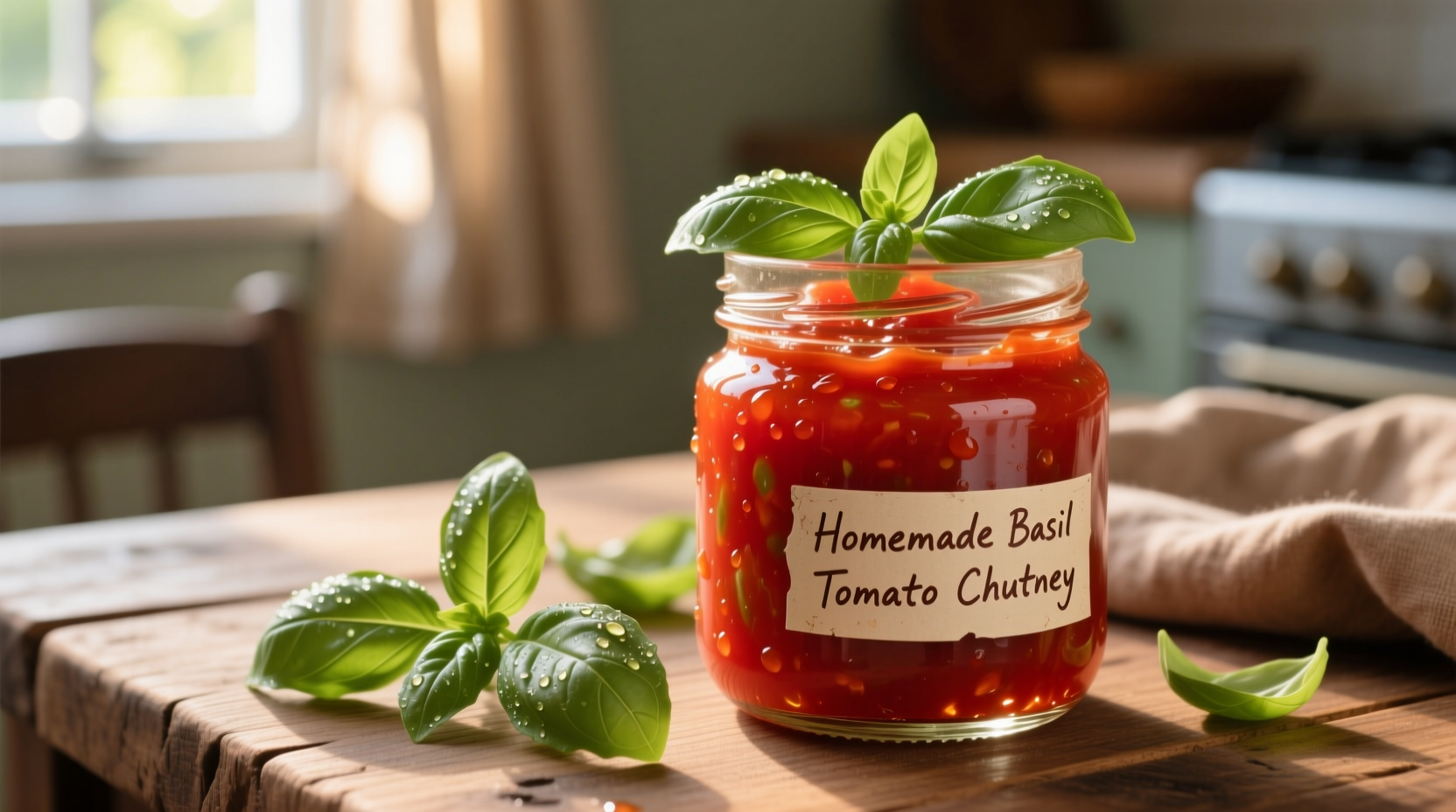 Vibrant red tomato chutney in glass jar with fresh basil