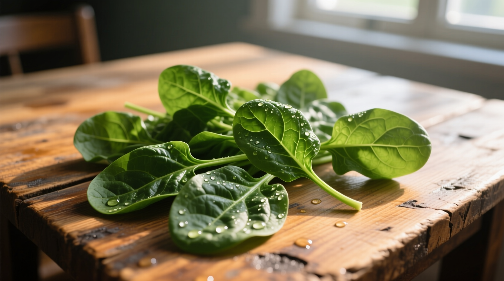 Raw spinach leaves on wooden table
