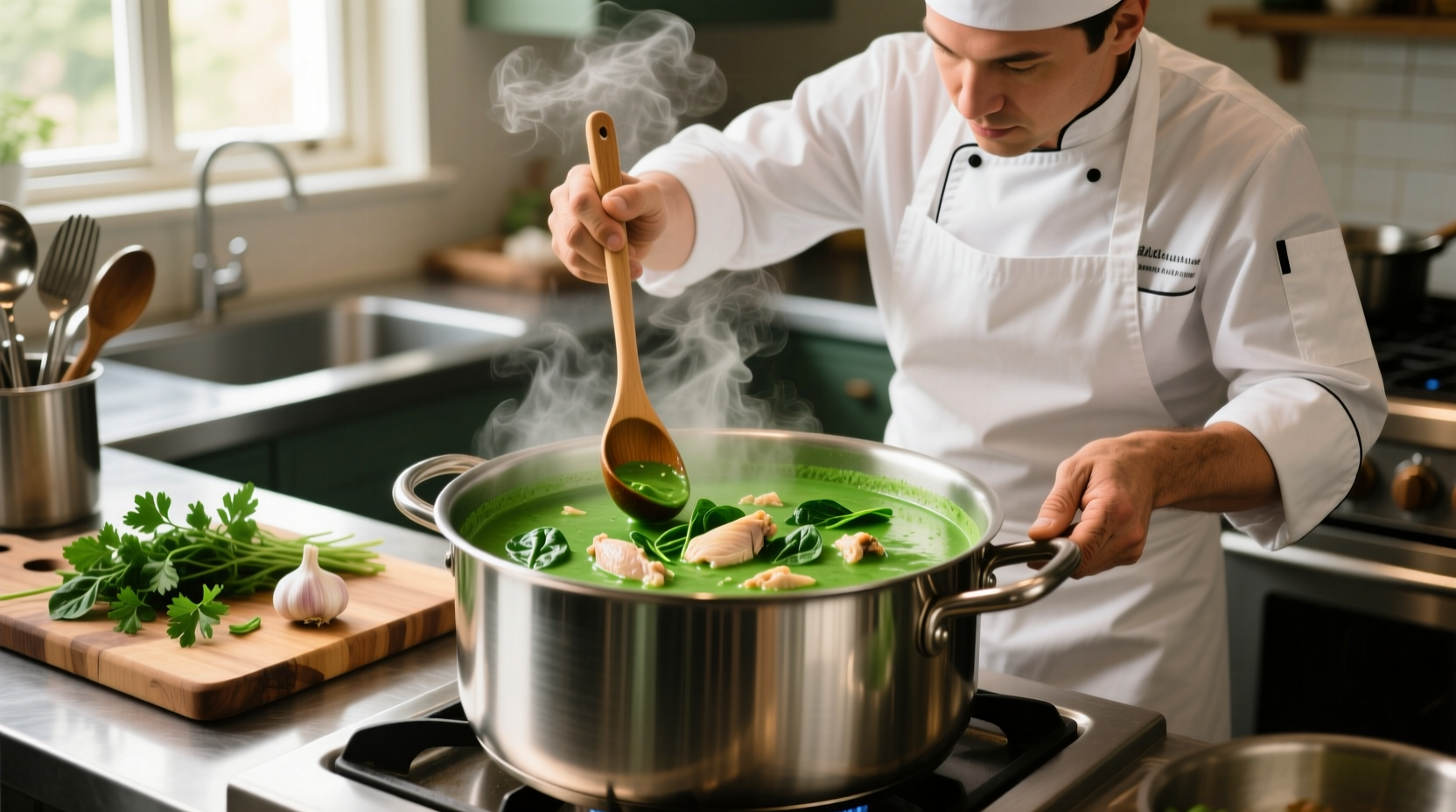 Chef preparing vibrant green chicken spinach soup in stainless steel pot
