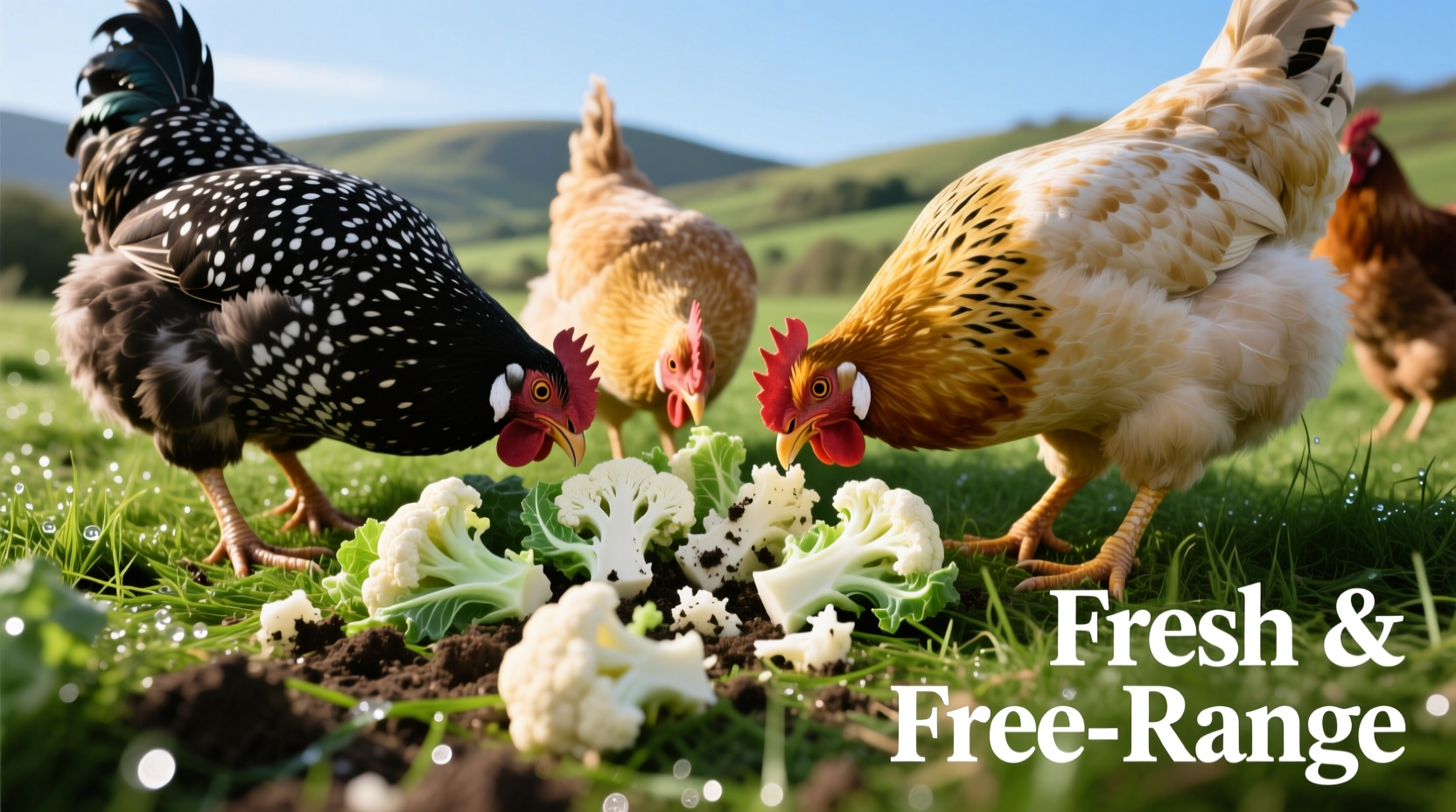 Chickens pecking at chopped cauliflower on grass