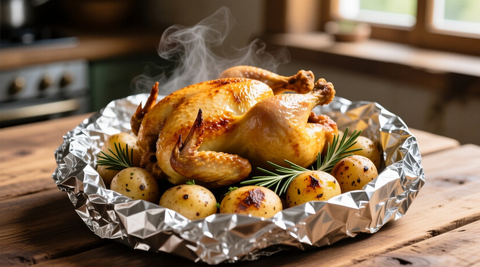 Golden chicken and roasted potatoes in foil packet