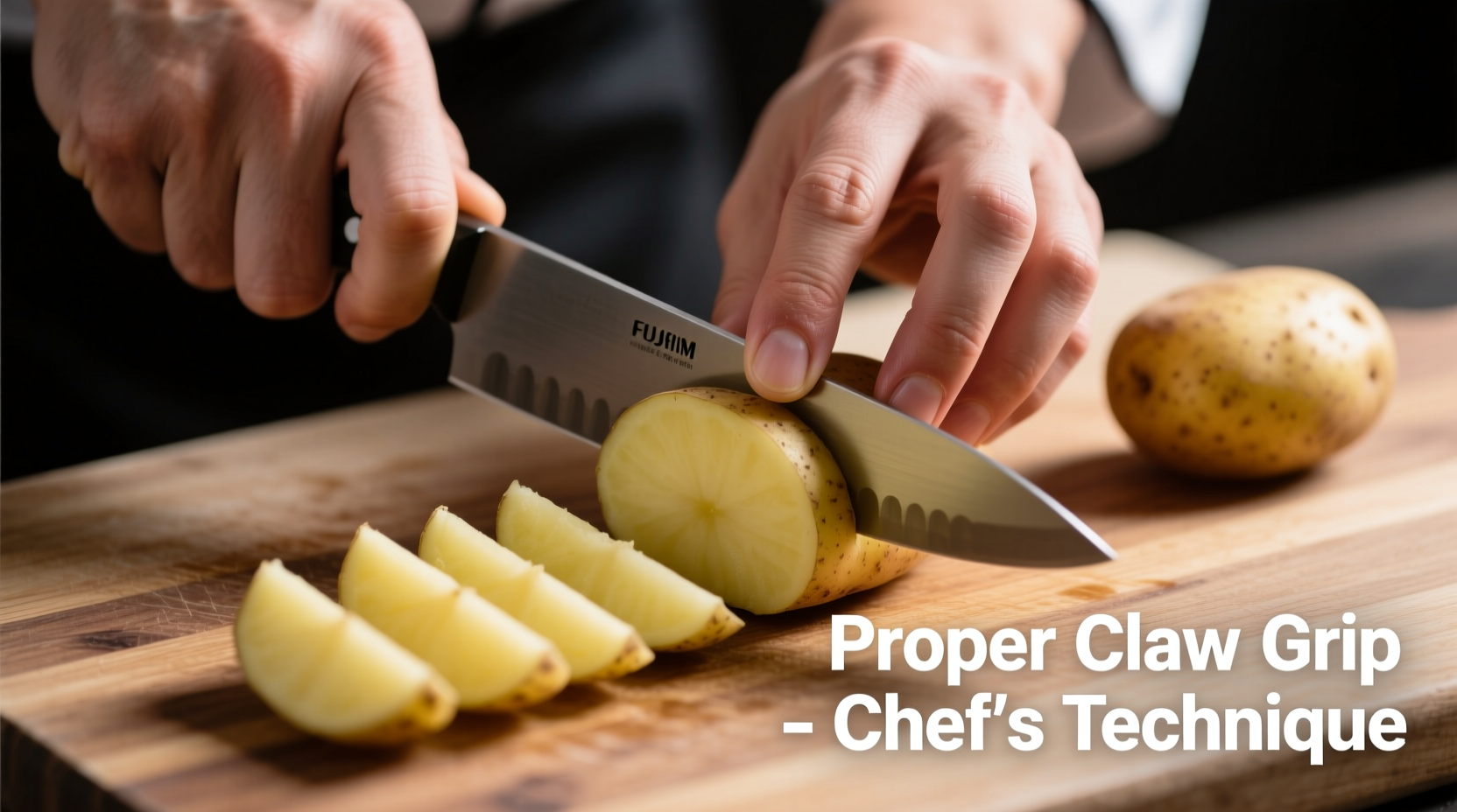 Chef's hands demonstrating proper claw grip while cutting potato wedges