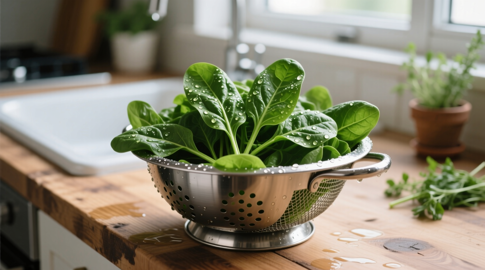 Fresh spinach leaves in colander after washing