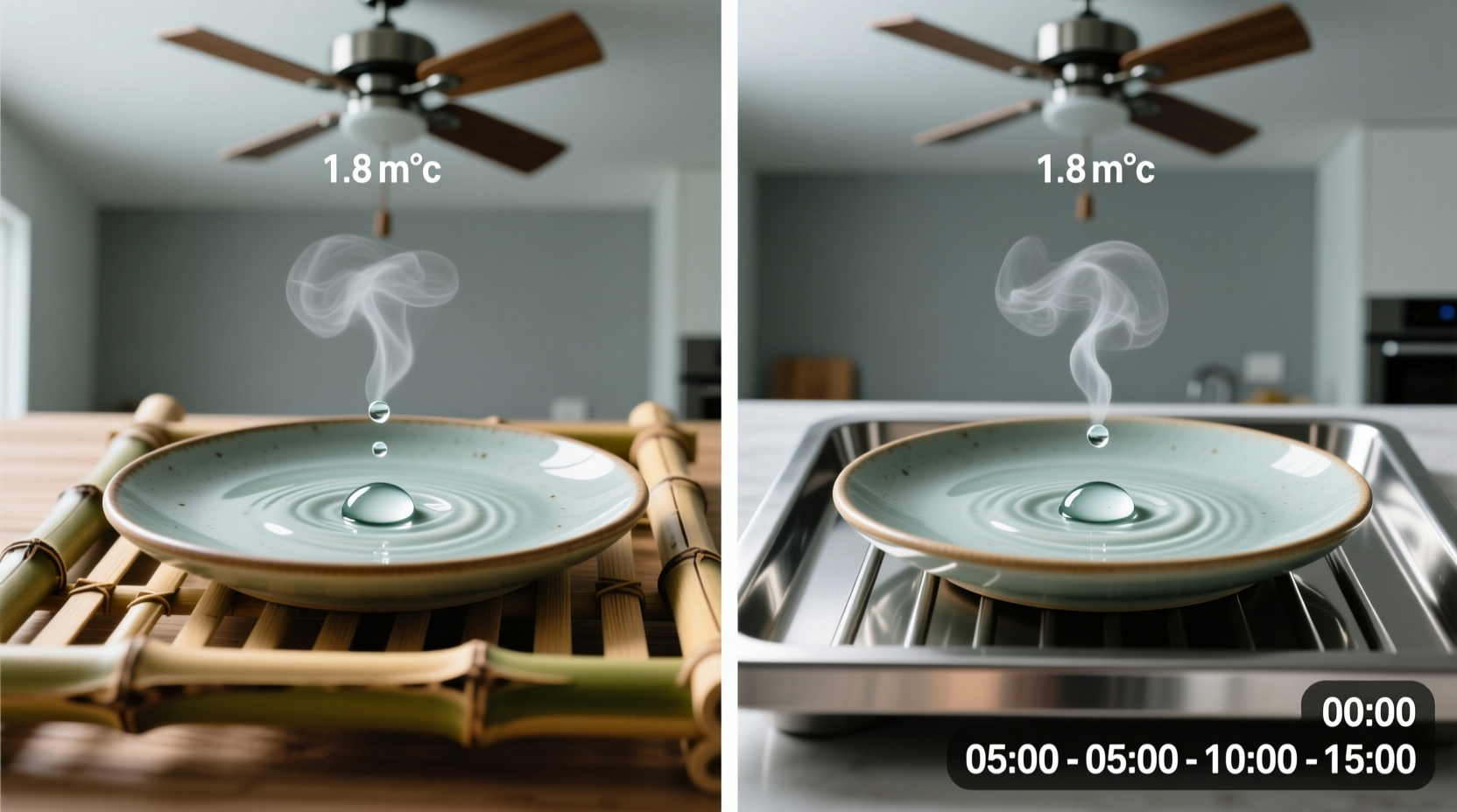 Side-by-side time-lapse comparison: water droplets evaporating from identical ceramic plates on bamboo and stainless steel dish racks under identical ceiling fan airflow (measured at 1.8 m/s)