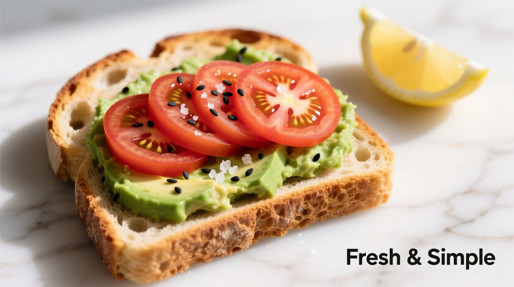 Perfectly assembled avocado tomato toast on artisan bread
