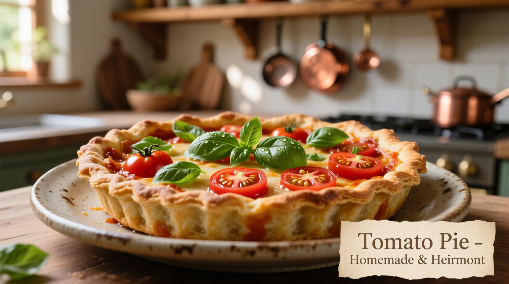 Tomato pie served on ceramic plate with fresh basil