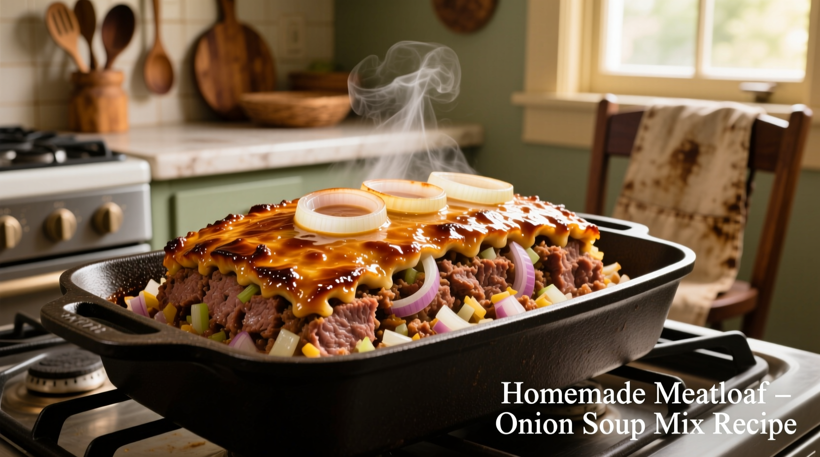Meatloaf with onion soup mix baking in oven