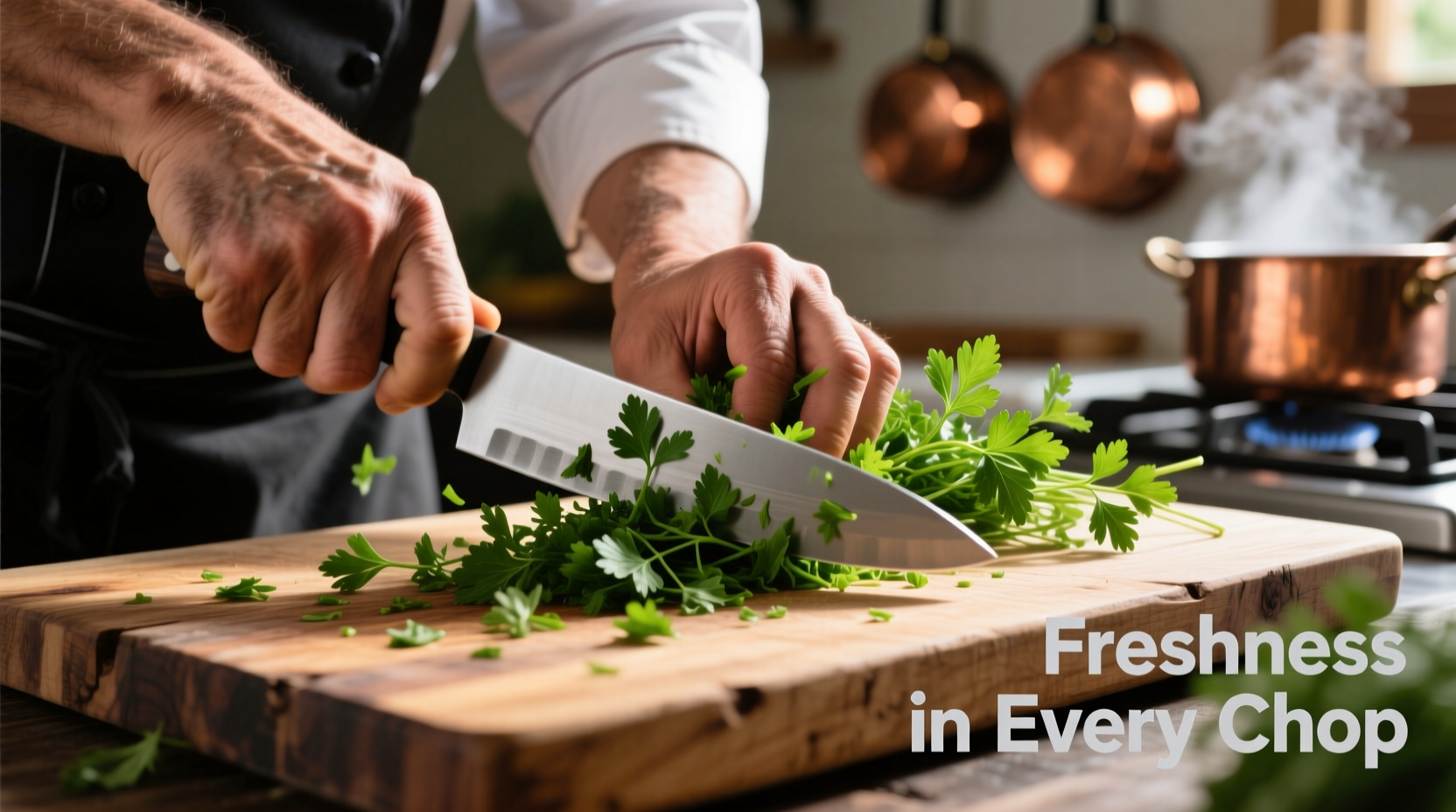 Chef's hand mincing fresh parsley on wooden cutting board