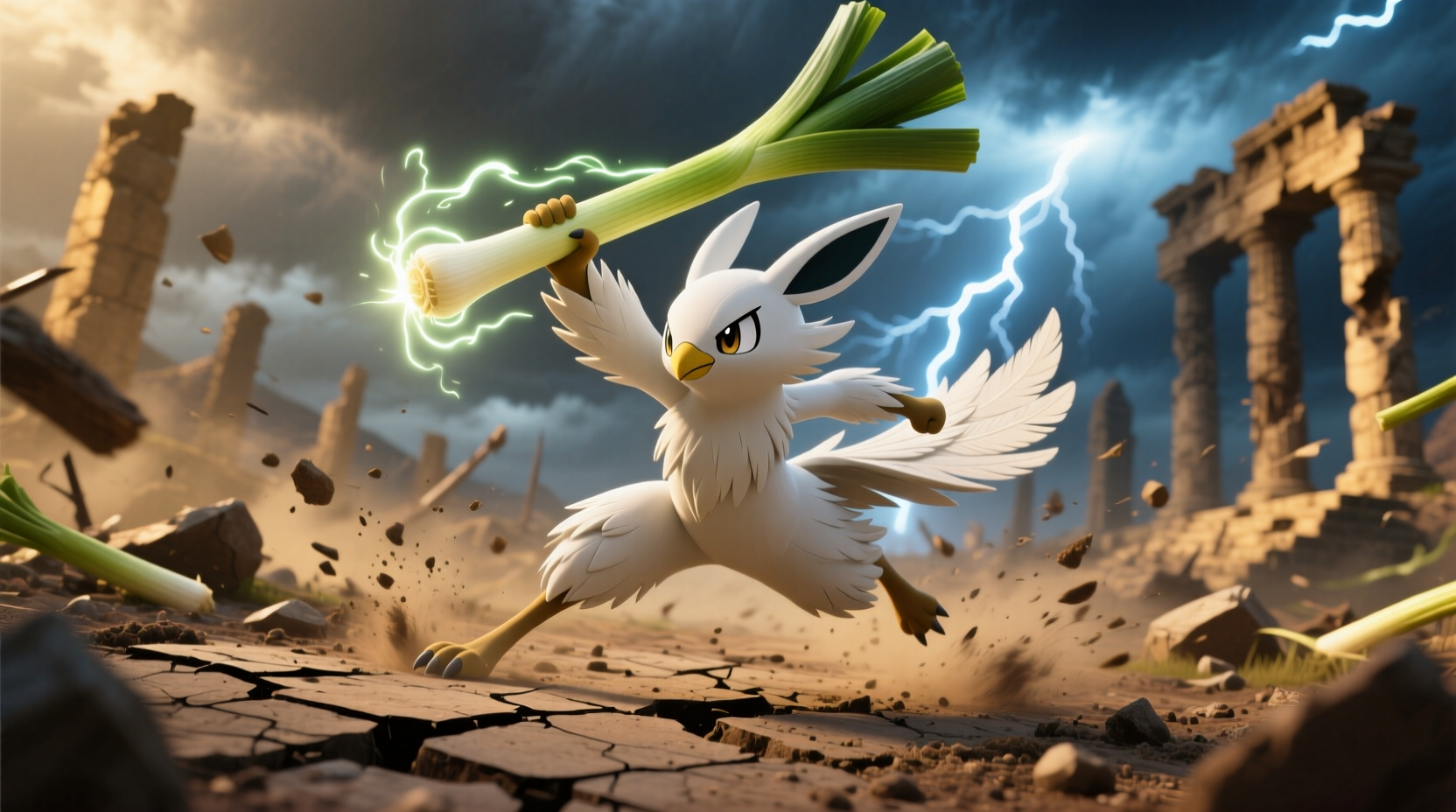 Farfetch'd holding its signature leek weapon in battle