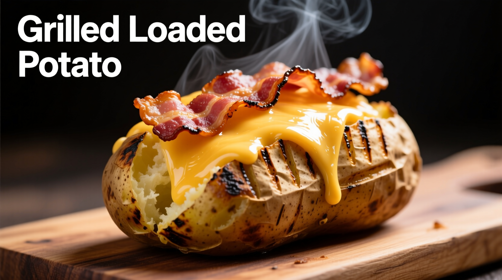Perfectly grilled loaded potato with melted cheese and bacon