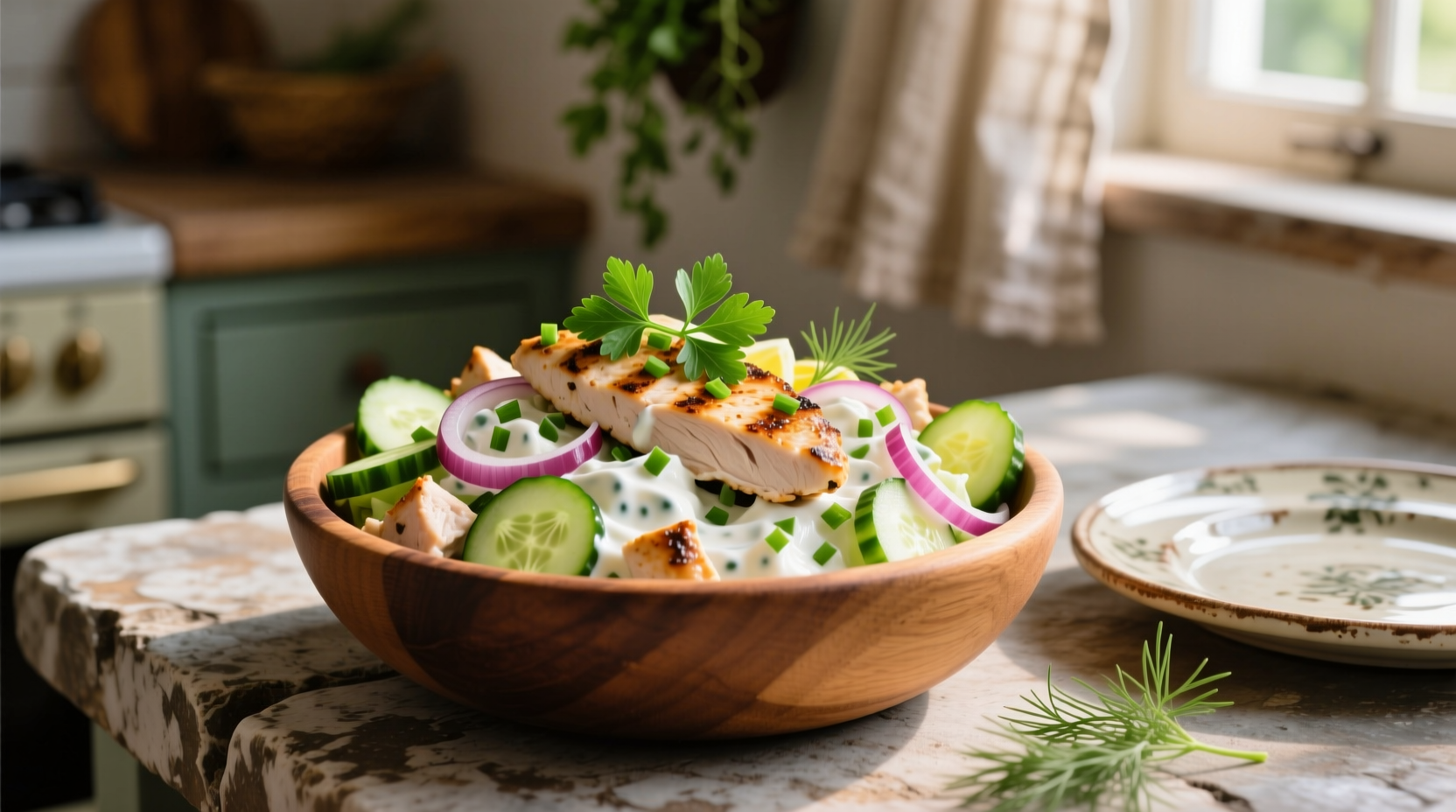 Creamy chicken salad with cucumber and red onion