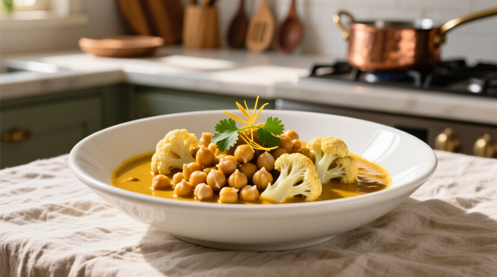 Golden curry chickpeas and cauliflower in white bowl