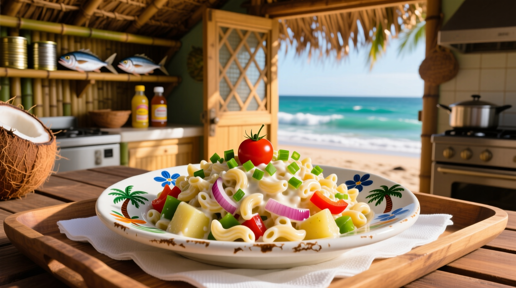 Hawaiian potato macaroni salad in a traditional plate lunch