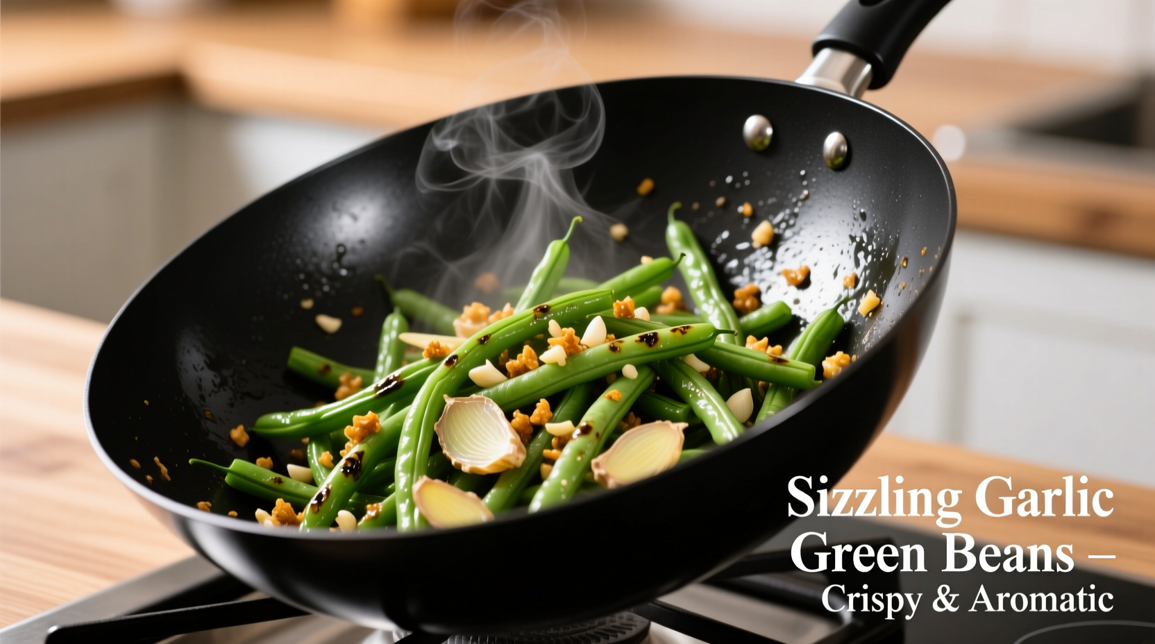 Crisp garlic green beans in black wok
