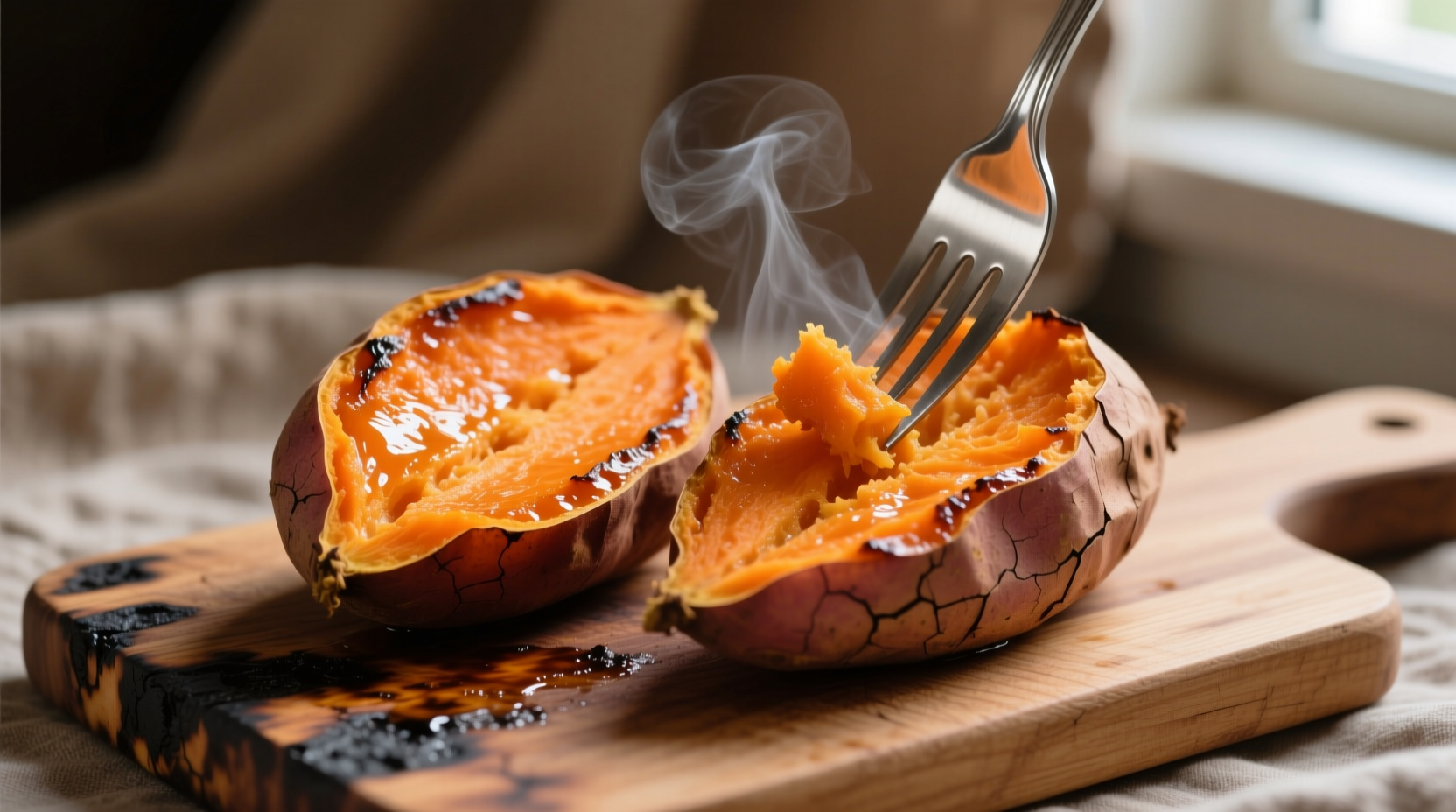 Perfectly cooked sweet potato halves with fork