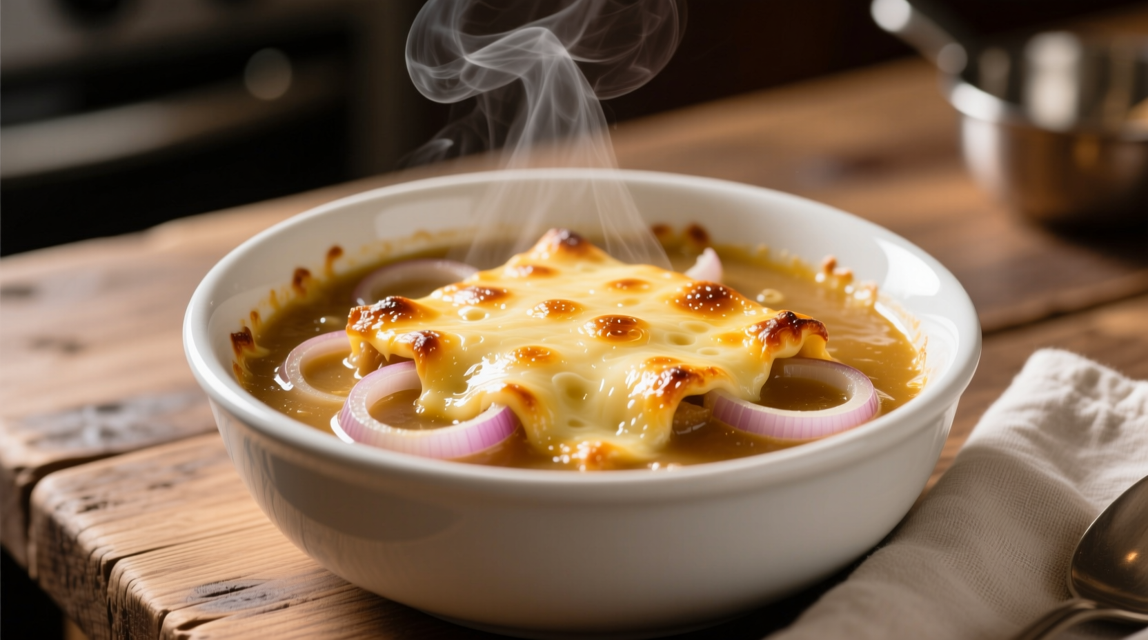 Panera French onion soup in white bowl with melted cheese