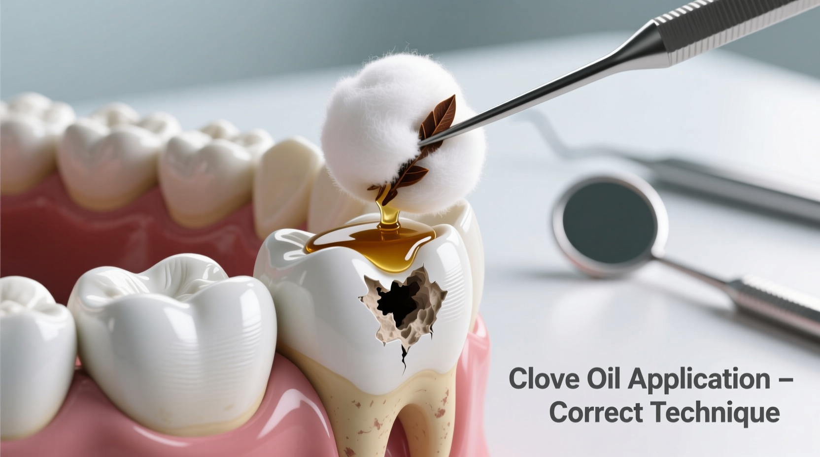 Proper cotton ball application of clove oil to tooth