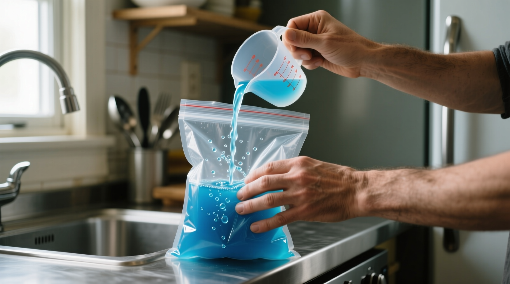 heres how you fill a freezer bag with liquid