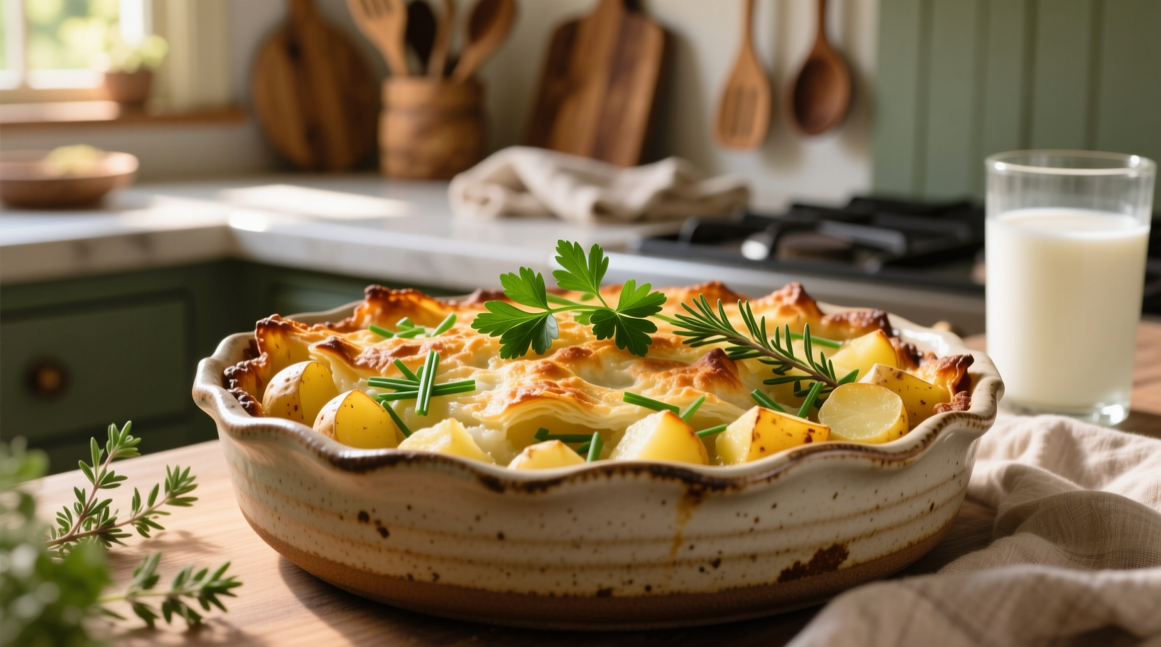 Homemade potato bake in ceramic dish with fresh herbs