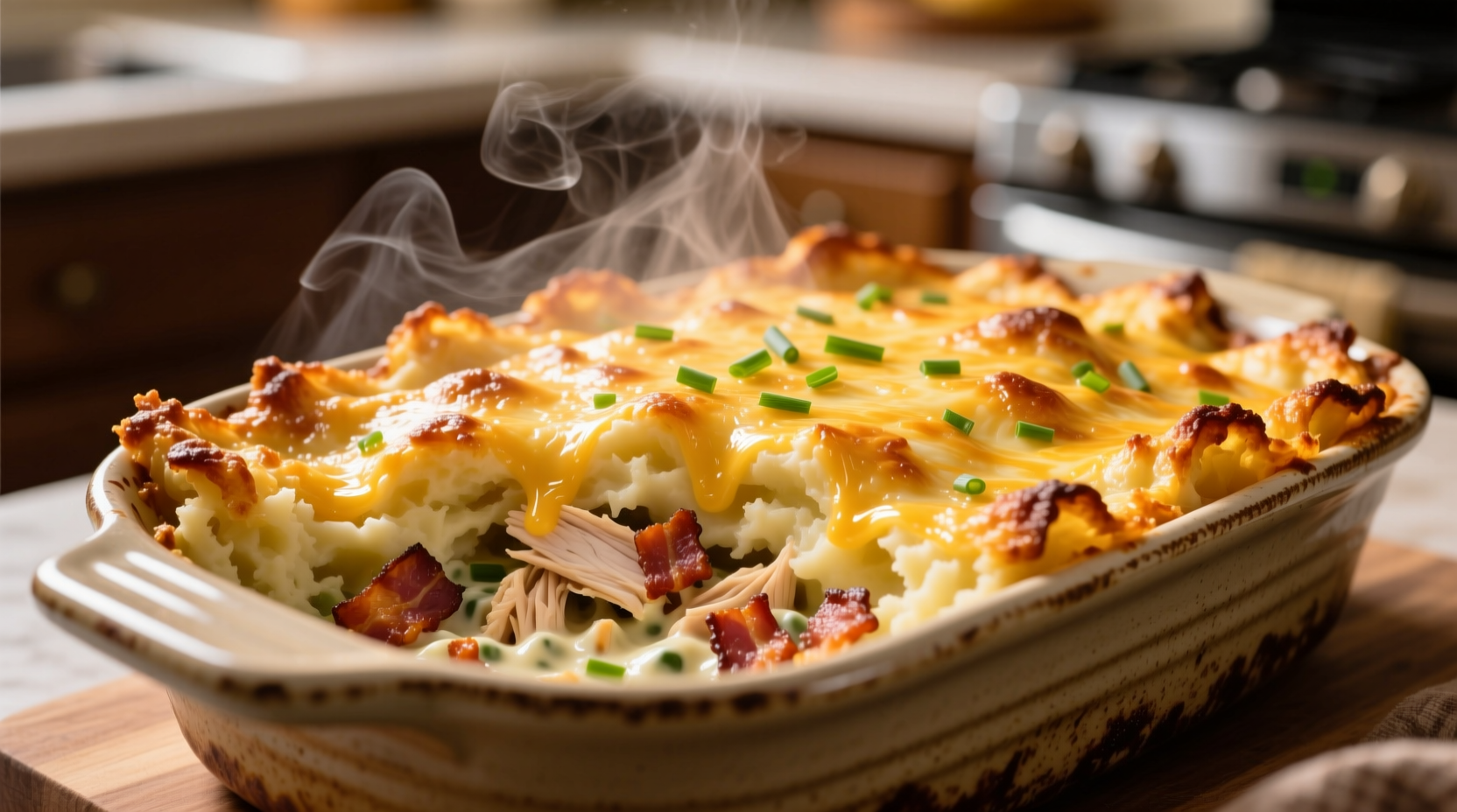 Golden chicken bacon ranch potato casserole fresh from oven