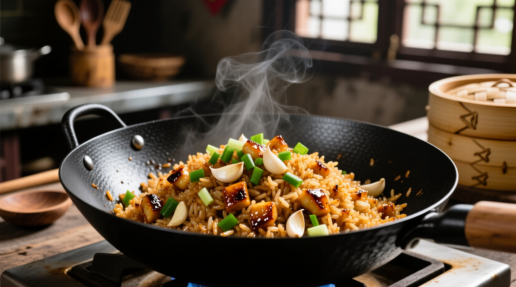Perfectly cooked garlic fried rice in wok