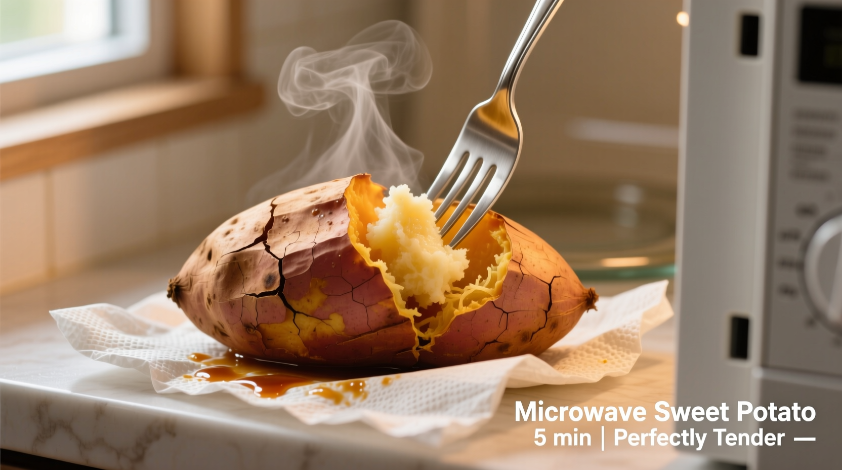 Microwave cooking sweet potato with fork and paper towel