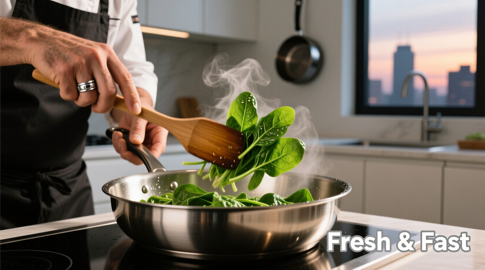 Chef preparing fresh spinach in stainless steel pan
